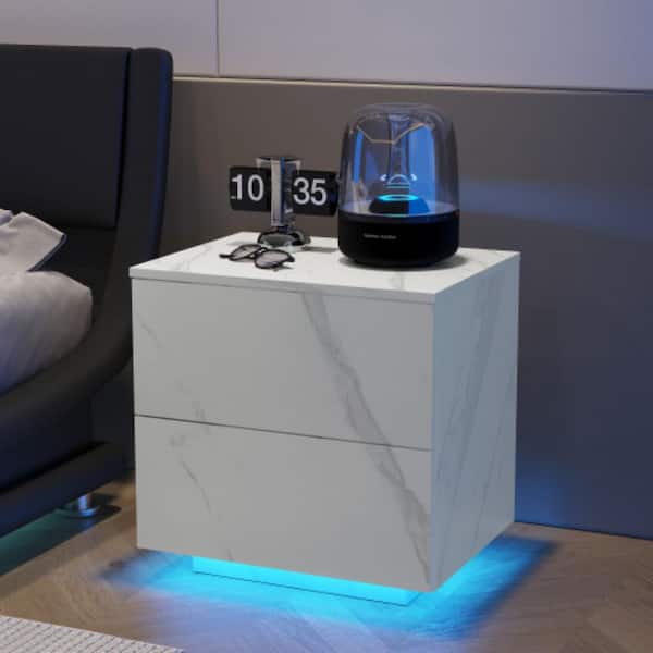 Clihome White 2-Drawers 15 in. W Nightstands LED Side Tables Bedroom Modern End Tables