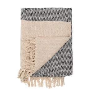 Grey and Cream Cotton Knit Throw with Fringe