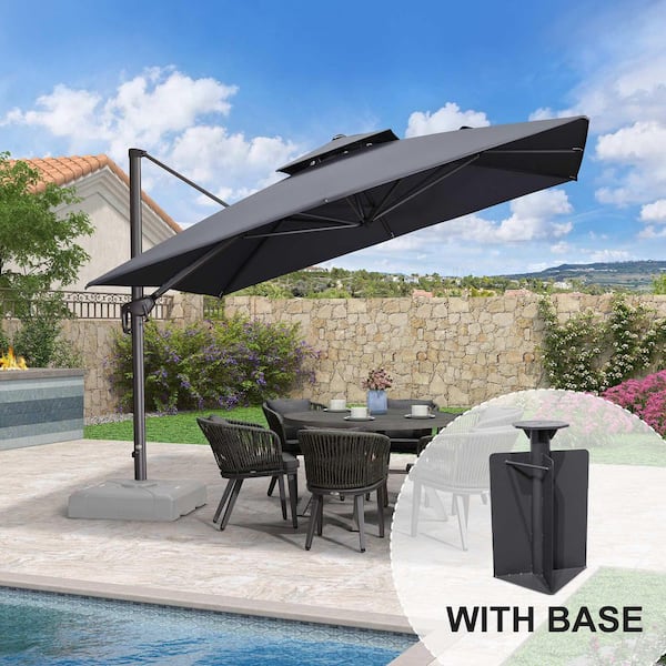 PURPLE LEAF 11 ft. Square 2-Tier Aluminum Cantilever 360° Rotation Patio Umbrella with Base in Ground, Gray