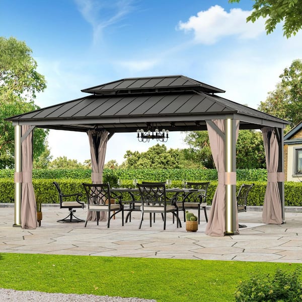 Ultra Series 12 ft. x 16 ft. Black Hardtop Gazebo with 4 LED Lights, USB Charging Port, Mosquito Netting and Curtain