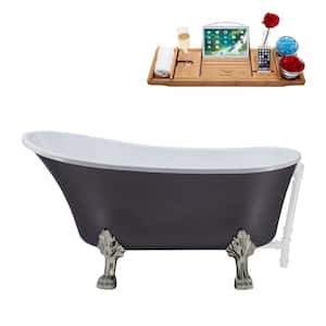 55 in. Acrylic Clawfoot Non-Whirlpool Bathtub in Matte Grey With Brushed Nickel Clawfeet And Glossy White Drain