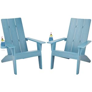 Oversize Modern Blue Plastic Outdoor Patio Adirondack Chair with Cup Holder (2-Pack)