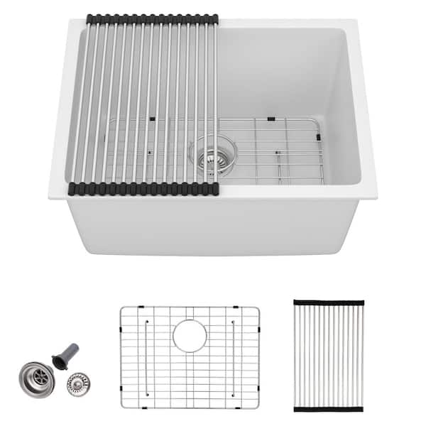 24 in. Undermount Single Bowl 12 in. Deep White Granite Quartz Composite Laundry and Utility Sink