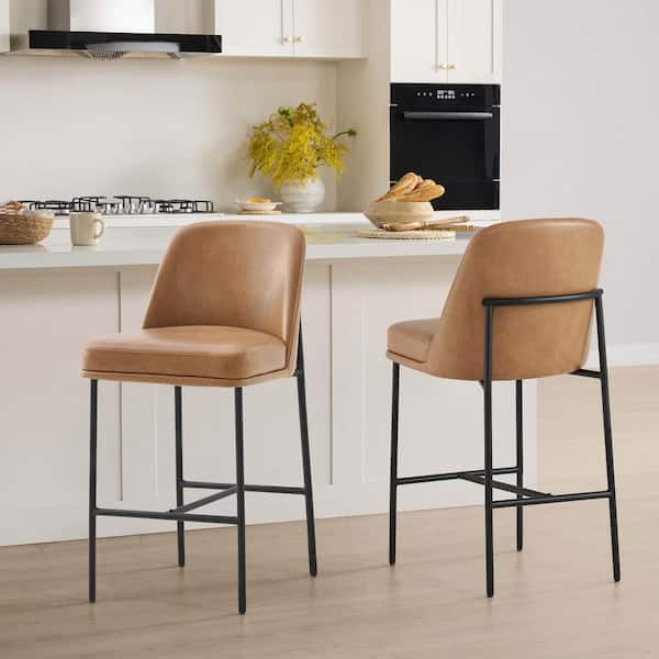 Monae 38.2 in. Camel High Back Metal Counter Stool with Faux Leather Seat for Dining Room(Set of 2)
