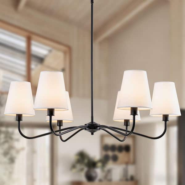 TinHon 6-Light Modern Black Chandelier with White Fabric Shades
