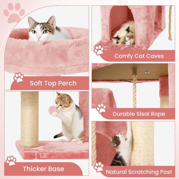 Pink Modern Cat Tree Pet Tower with Scraching Ramp, Hanging Ball