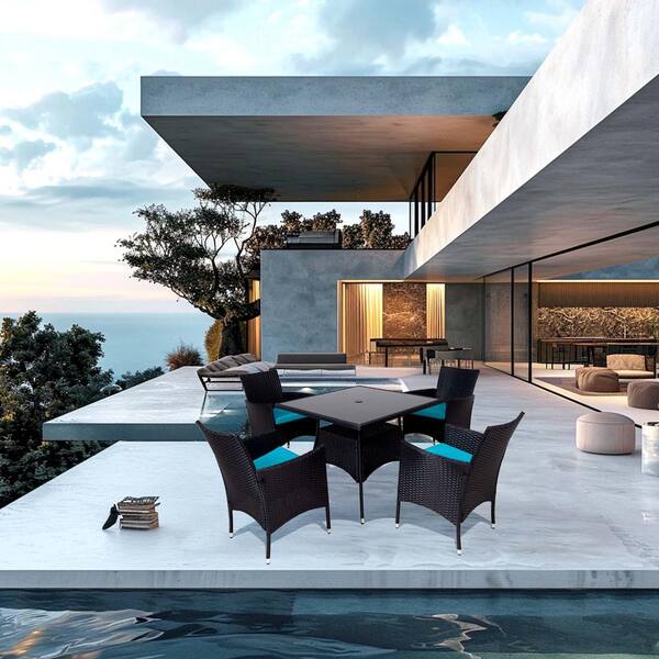 Zeus & Ruta Black 5-Piece Wicker Outdoor Dining Set with Lake Blue Cushions and Dining Table for Patios, Backyards and Poolside