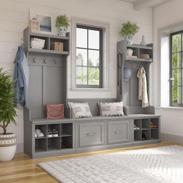 Bush Furniture Woodland Cape Cod Gray Entryway Storage Set with Hall Tree and Shoe Bench with Doors
