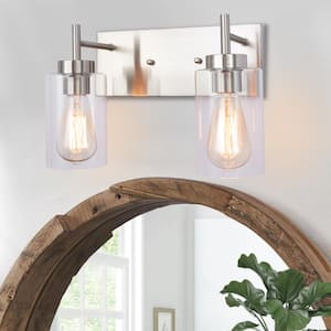 13.77 in. 2-Light Nickel Single Bar Vanity Light with Clear Glass Shade