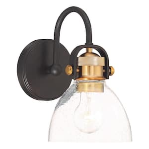 Monico 6.5 in. 1-Light Black and Natural Brushed Brass Vanity Light with Clear Seeded Glass Shades