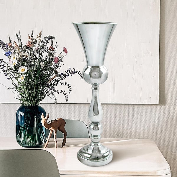 22 in. Silver Metal Blooming Trumpet Table Flower Vase Decorative Centerpiece