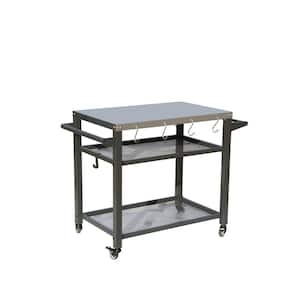 Grey 3-Shelf Outdoor Grill Cart with Wheels, BBQ Food Prep Table with Powder-Coated Metal Top and Propane Tank Hook