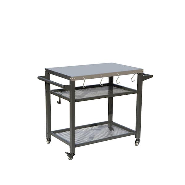 Otryad Grey 3-Shelf Outdoor Grill Cart with Wheels, BBQ Food Prep Table with Powder-Coated Metal Top and Propane Tank Hook