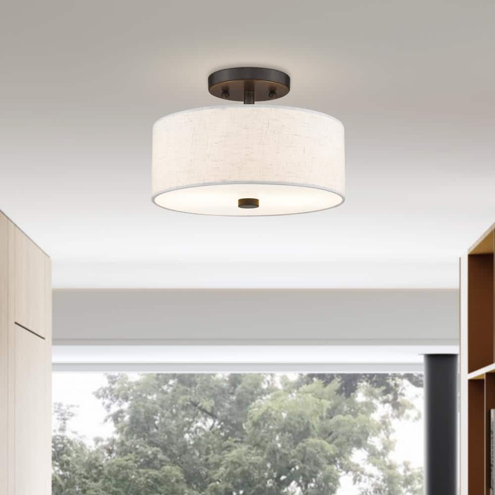 English Bronze 2-Light Semi-Flush Mount with Oatmeal Shade