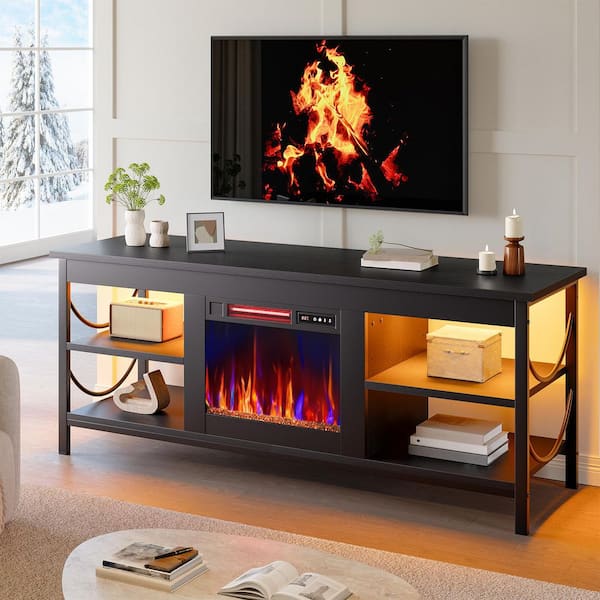 55 in. Freestanding Electric Fireplace TV Stand with LED Lights and Open Storage for TVs up to 60 in. in Black