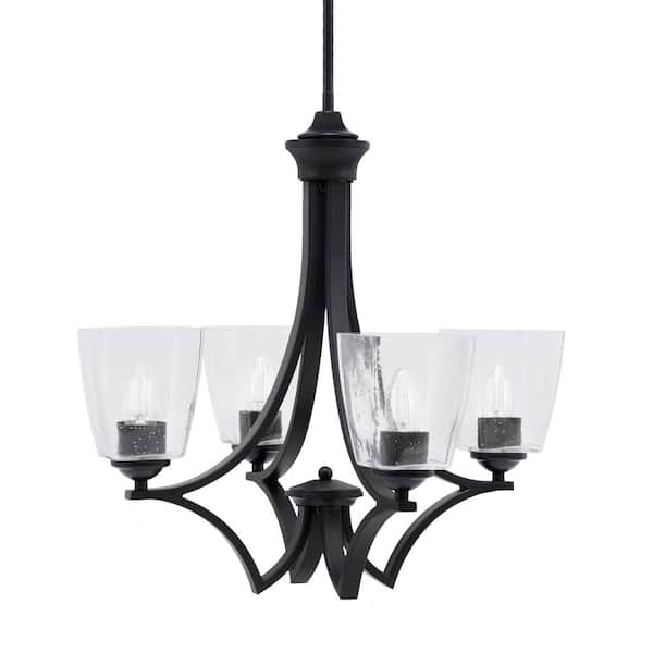 Unbranded Clevelend 4-Light Matte Black Round Chandelier with 4.5 in. Square Clear Bubble Glass Shades, No bulbs included