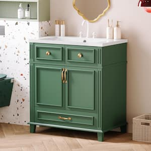 30 in. W. x 18 in. D x 34 in. H Single Sink Freestanding Bath Vanity in Green with White Resin Top