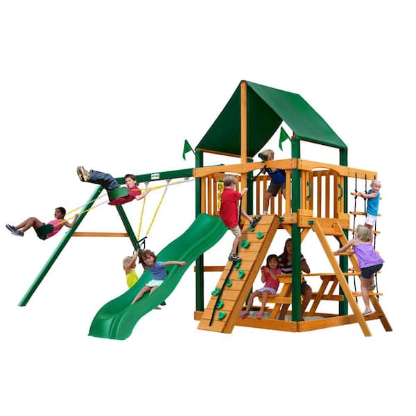 Gorilla Playsets Chateau Wooden Swing Set with Sunbrella Canvas Canopy and Timber Shield Posts and Rock Climbing Wall