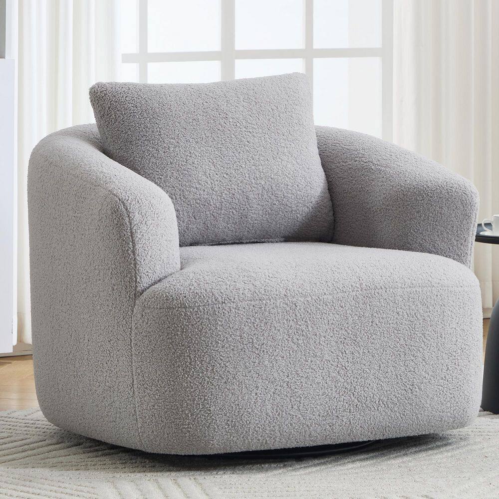Light Gray Fleece Fabric 360° Swivel Round Upholstered Chair with One Soft Pillow, High-Resilience Sponge Single Sofa