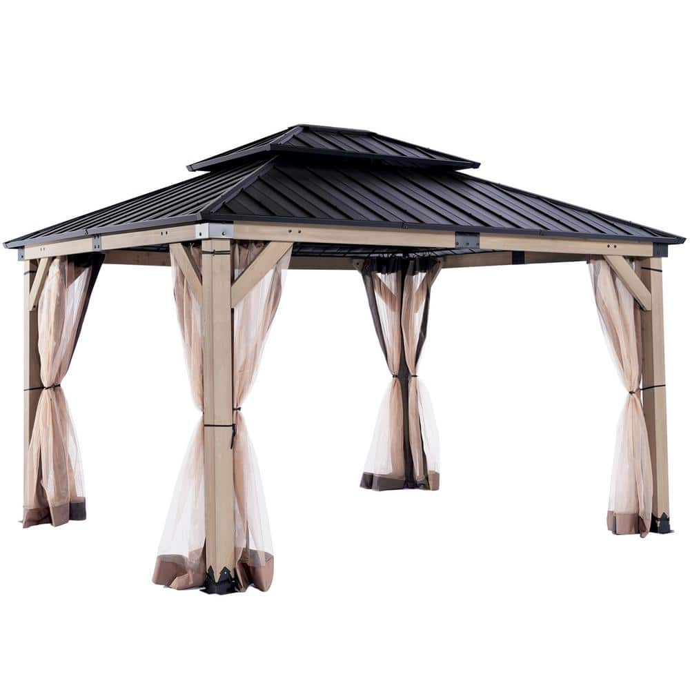 Midwood 12 ft. x 10 ft. Nature Cedar Wood Steel Hardtop Gazebo with ...