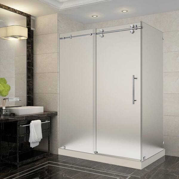 Aston Langham 60 in. x 35 in. x 77.5 in. Frameless Sliding Shower Enclosure and Frosted in Stainless Steel with Left Base