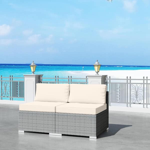 JOYSIDE 2-Piece Wicker Outdoor Patio Rattan Furniture Sectional Conversation Set with Beige Cushion