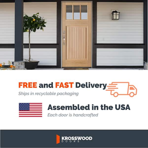 36 in. x 80 in. Craftsman 3-LIte Clear Glass VG Unfinished Right Hand Hemlock Wood Prehung Front Door w/RSL