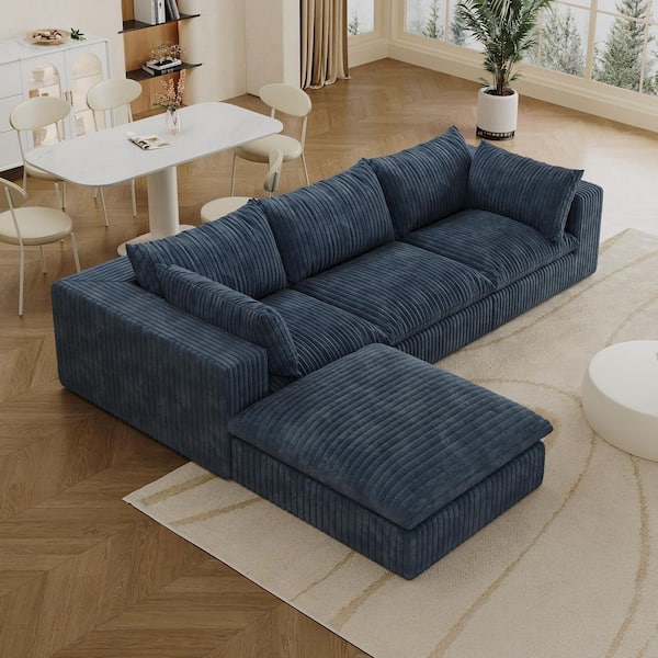 Jacob 118.2 in. Square Arms 4-Piece Corduroy Modular Compressed Sectional Sofa in Blue with Ottoman, Deep Seat Couches