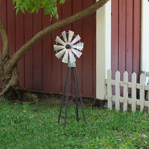 24 in. Tall Outdoor Metal Windmill Spinner Garden Yard Decoration, Bronze and Silver