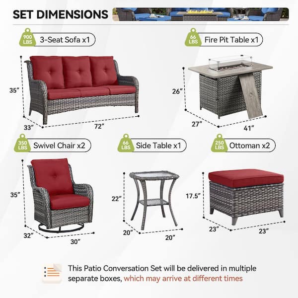 Arcline 7-Piece Gray Wicker Fire Pit Conversation Set with Olefin Red Cushions and Swivel Glider Rocking Chairs/Couch