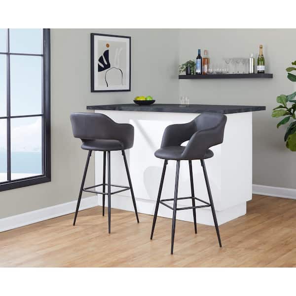 Lumisource Margarite 30 in. Grey Faux Leather and Black Metal Fixed-Height Barstool (Set of 2)