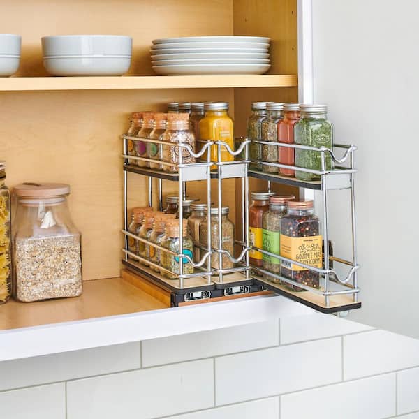 Light Brown Melamine 9 in. Pullout Organizer for Cabinets, 2 Tier Upright Shelf
