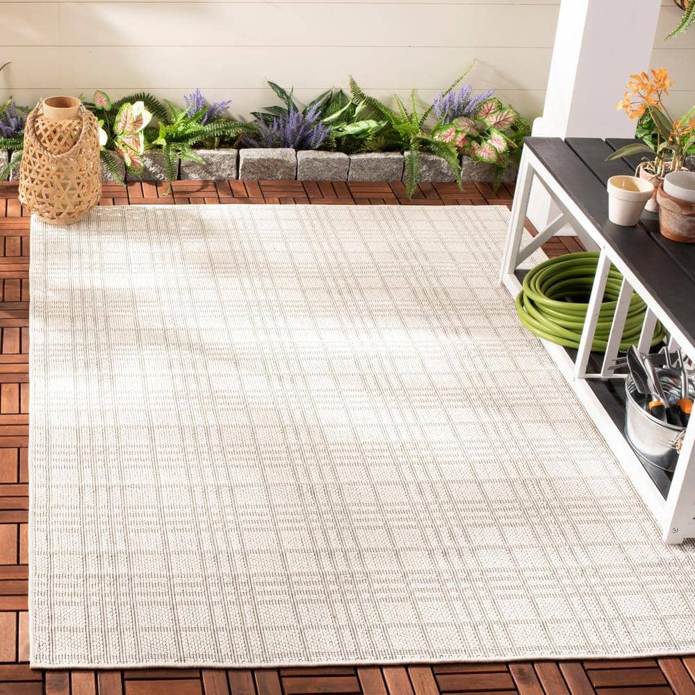 Ivory and Light Grey Square Synthetic Flat Woven Rug