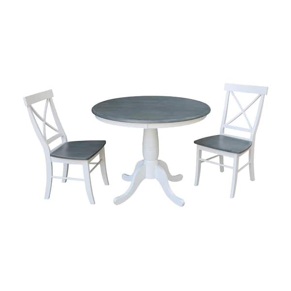 International Concepts Hampton 3-Piece 36 in. White/Heather Gray Round Solid Wood Dining Set with X-Back Chairs