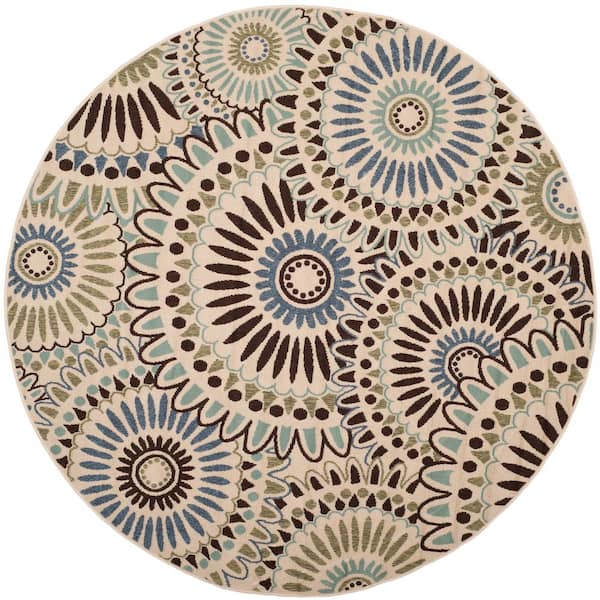 SAFAVIEH Veranda Cream/Blue Doormat 3 ft. x 3 ft. Floral Geometric Indoor/Outdoor Patio Round Area Rug