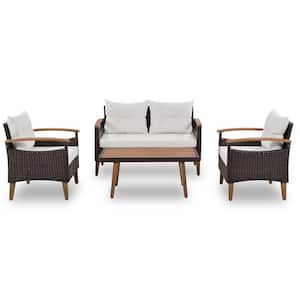 4-Piece Brown PE Rattan Outdoor Seating Set, Garden Furniture, Patio Sofa Set, Wood Table and Legs with Beige Cushions
