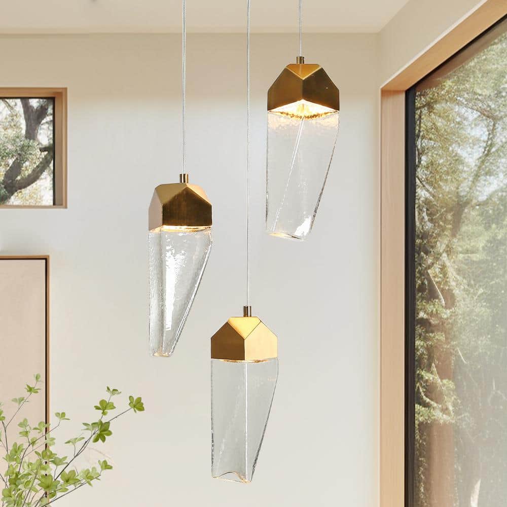Polished Gold Brass and Crystal 3-Light LED Pendant Chandelier