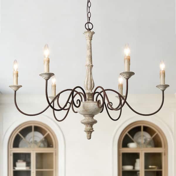 37 in. W Wood Candlestick Chandelier 6-Light Distressed White Farmhouse Chandelier Living Room with French Country Flair