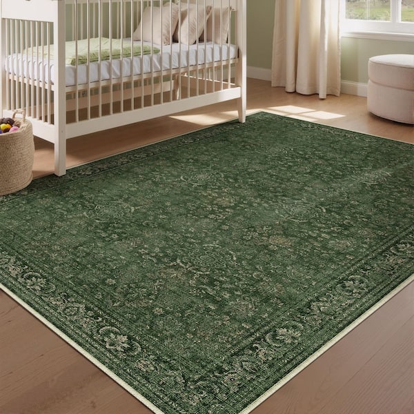 Manhattan Green 3 ft. x 5 ft. Distressed Vintage Floral Washable Area Rug