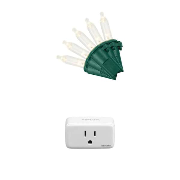 100 Warm White LED String Lights Green Wire Smart Plug Timer, Wi-Fi Bluetooth Outlet, 15A 120V Combo