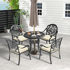 5-Piece Metal cast aluminum Outdoor Dining table and chairs patio furniture Set (with Cushions, random colors)