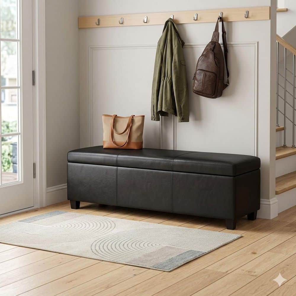 Avalon Midnight Black Faux Leather Upholstered Rectangle Storage Bench 60 in. W Ottoman
