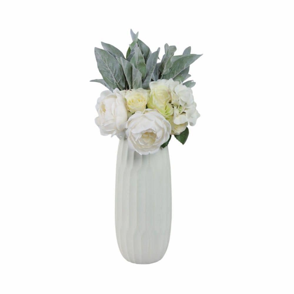 White Ceramic Indented Design Table Vase, 14"