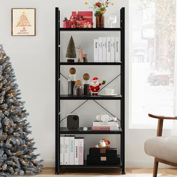 WONDER COMFORT Industrial 62 in. Tall Black Metal 5-Shelf Bookcase Corner Storage Organizer Bookshelf for Home Office