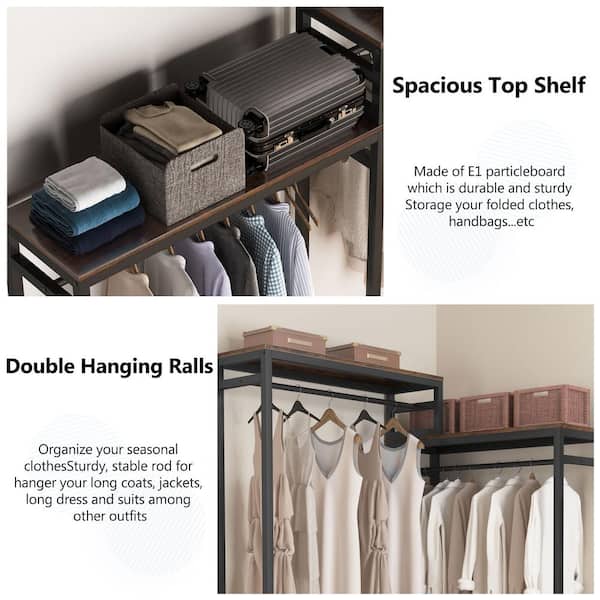 BYBLIGHT Carmalita Rustic Brown Freestanding Garment Rack Closet Organizer with Double Hanging Rod and Storage Shelves