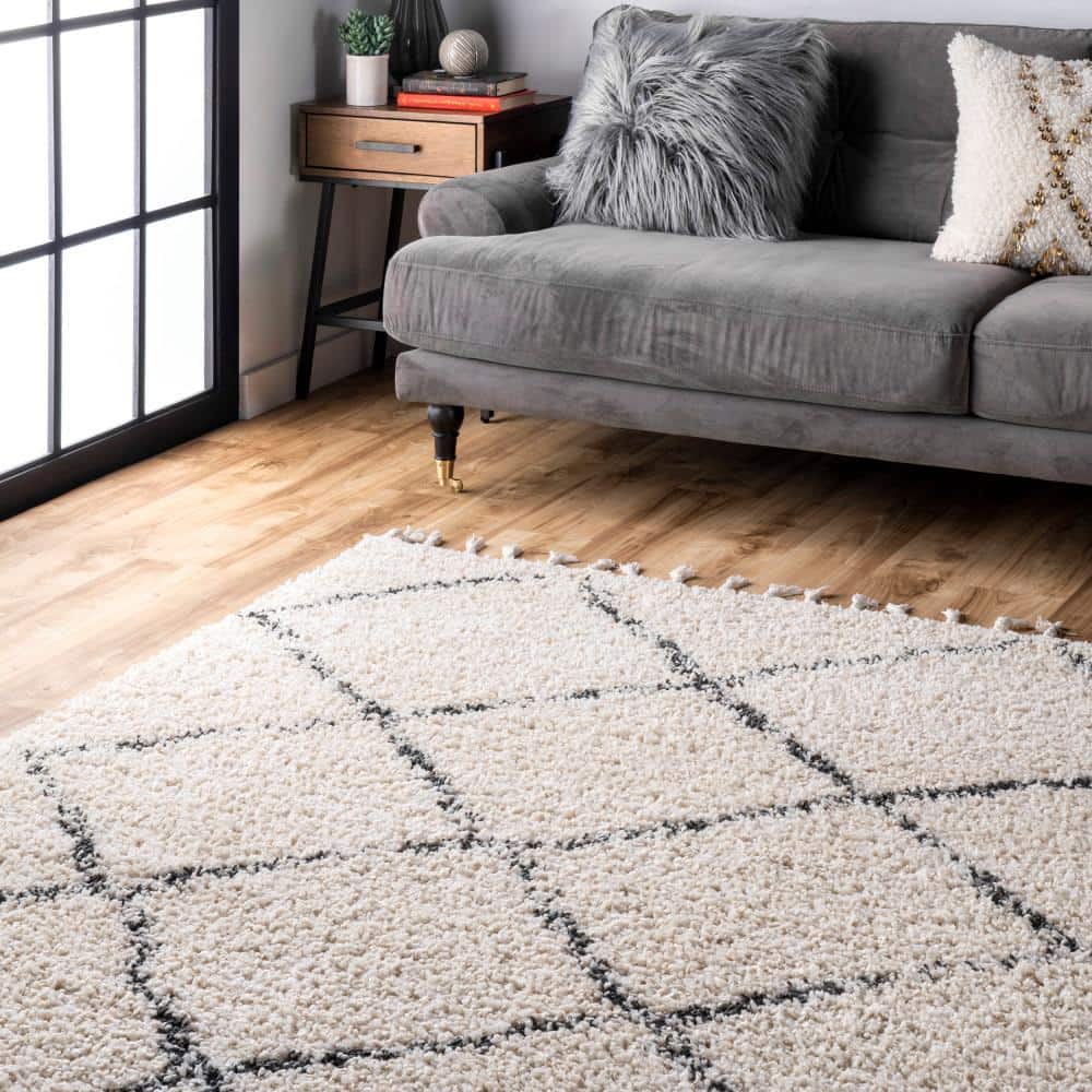 Off-White and Black Synthetic Shag Rectangular Area Rug 10' x 14'