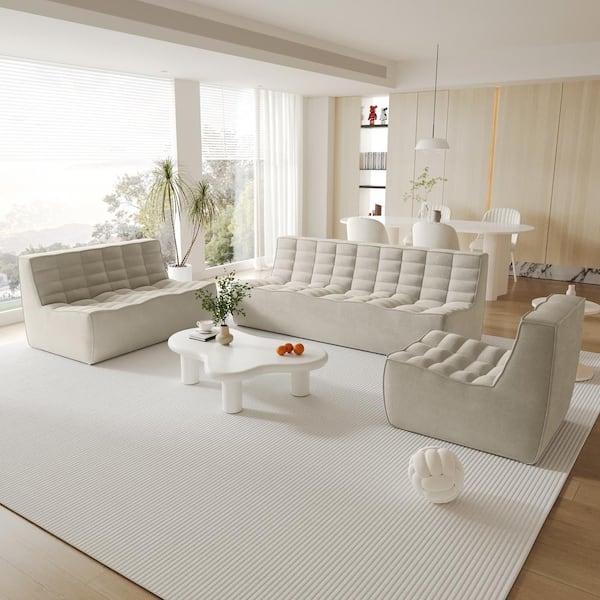 J&E Home 82.68 in. W Armless Linen Polyester Modular Free Combination 3 Pieces Sofa in. Brown