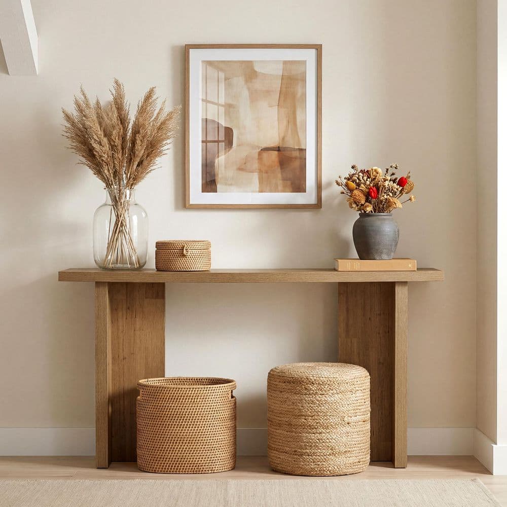Farmhouse 63 in. Brown Rectangular Wood Entryway Console Table, Narrow Sofa Table with Pedestal Base for Living Room