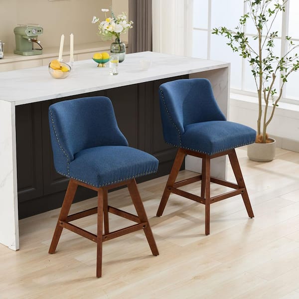 26 in. H Blue Wing Back Wood Counter Height Swivel Barstools Upholstered Bar Stools Counter Stools (Set of 2)