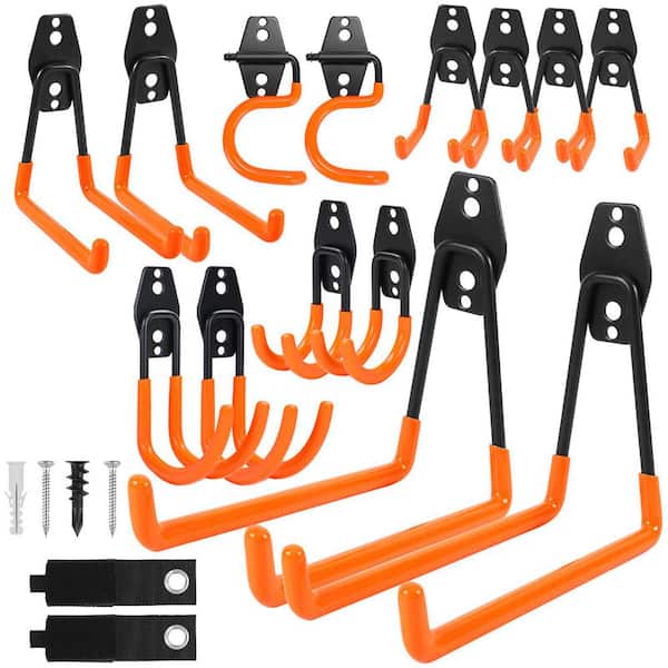 16 Pack Garage Hooks 5in. Orange Carbon Steel Wall Rack with 14 Hooks, 2 Straps, Screws and Anchors